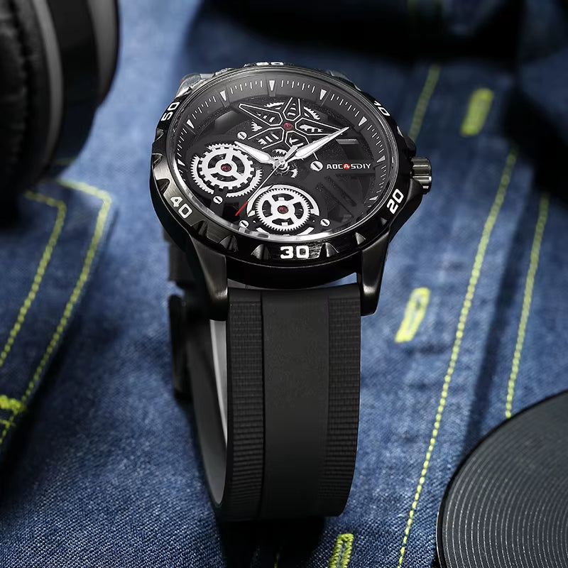 AOCASDIY Fashion Watch for Men Chronograph Waterproof Hollow Silicone Watches Men Clock with Luminous Hands Relogio Masculino
