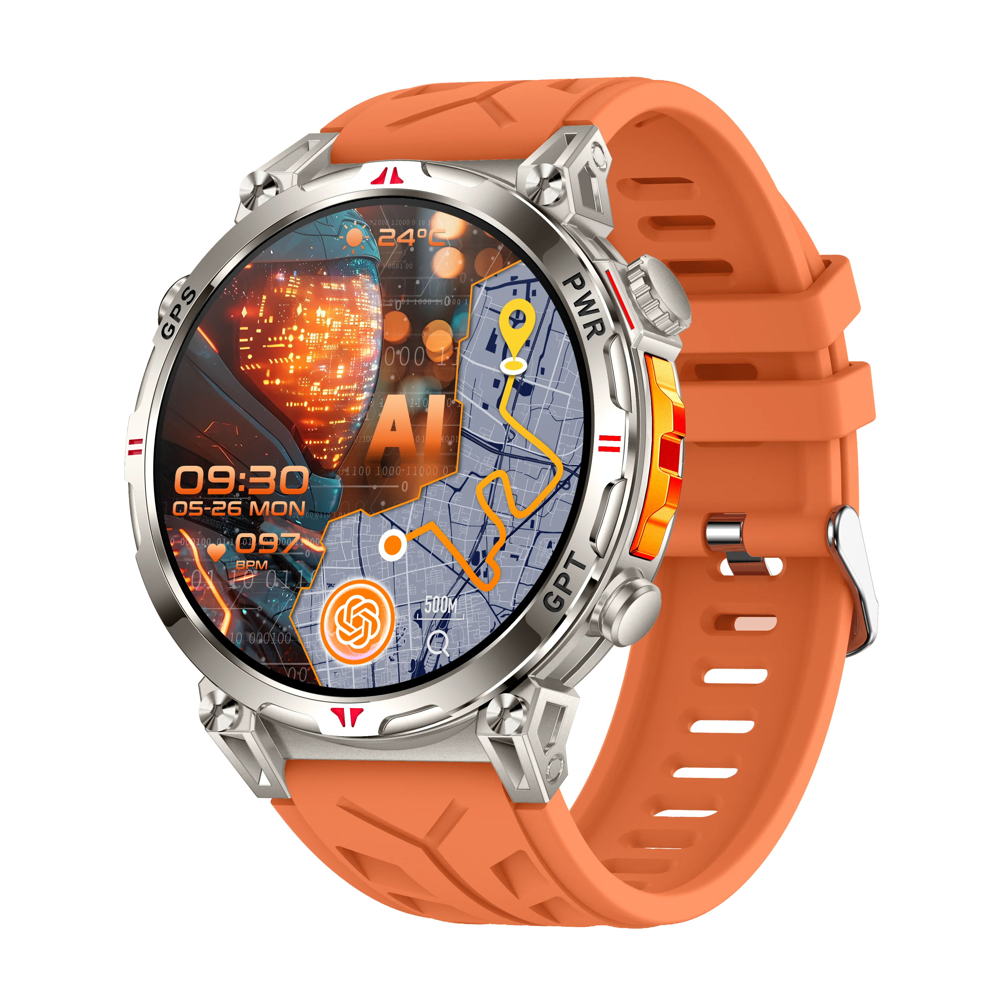GPS Chatgpt Outdoor Sport Compass Smart Watch 1.53" Amoled round Screen Bt Call Dafit 650Mah 3ATM Waterproof KC93 Smartwatch